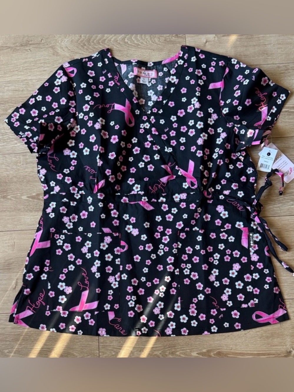 Koi Pink Ribbon Floral Scrub Top